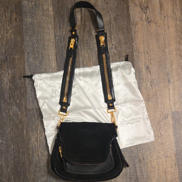 Tom Ford Suede Jennifer Expandable Black Gold Leather Crossbody Bag - Picture 4 of 17